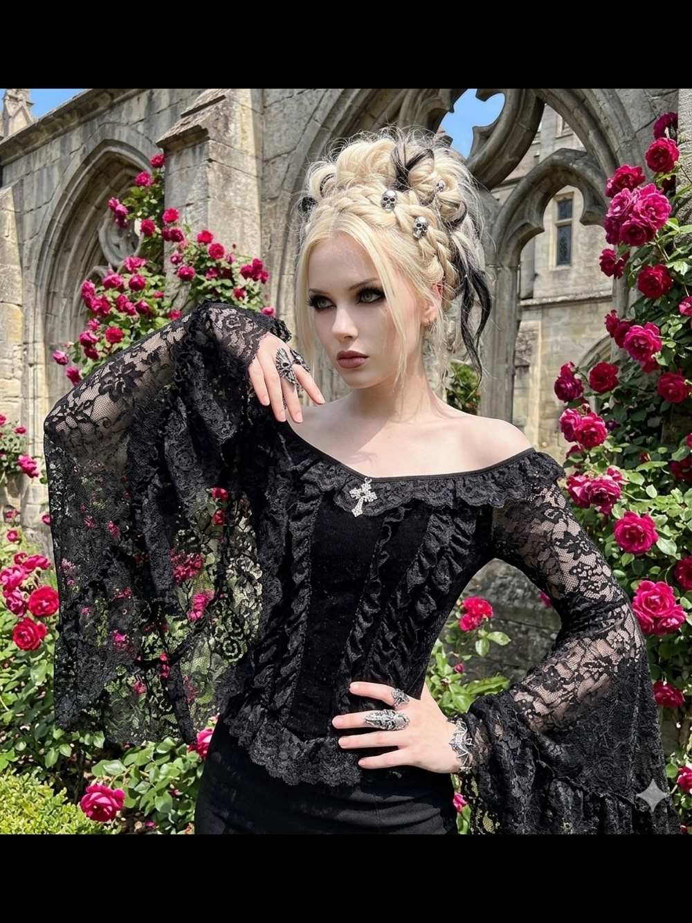 Victorian-Inspired Black Lace Off-Shoulder Bell-Sleeve Blouse MULTIPLE SIZES